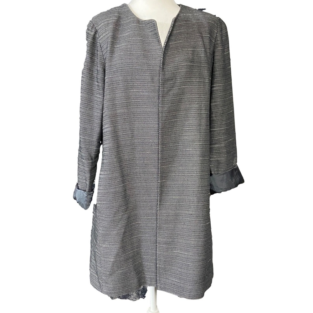 Eileen Fisher Coat Womens Medium Gray Herringbone Open Front 3/4 Sleeve R17SQA
